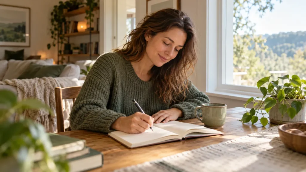 A woman writing in a journal beside a window