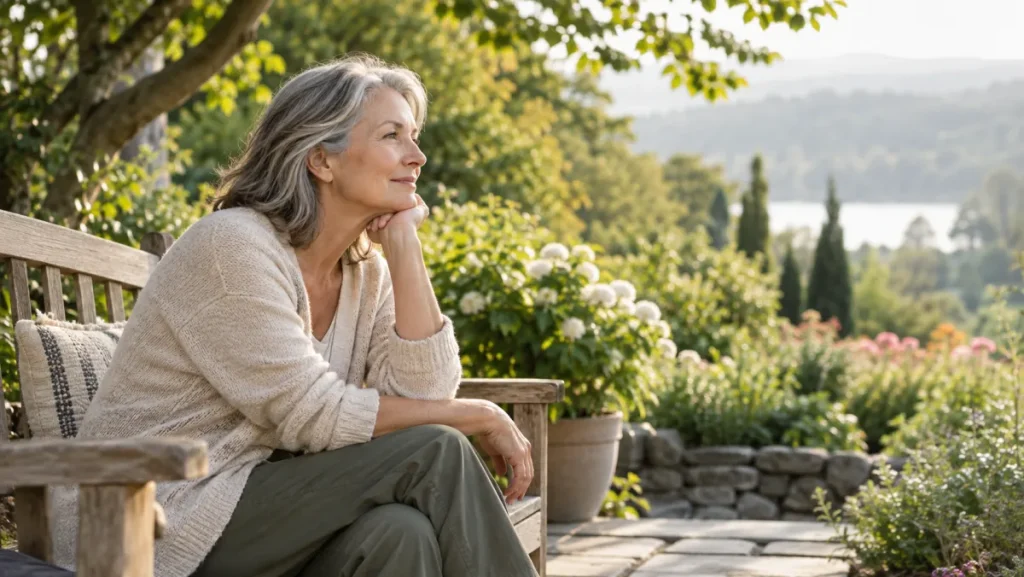A woman sitting thoughtfully in a garden