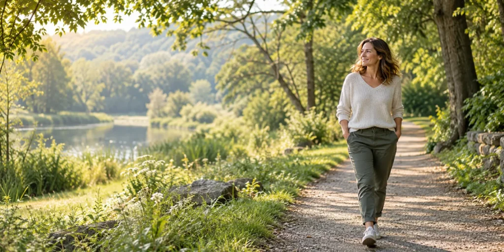 A woman walking along a sunlit park path